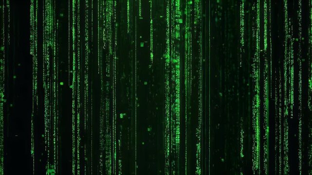 Green digital code streams downward on a dark backdrop, creating a futuristic, binary pattern - Powered by Adobe