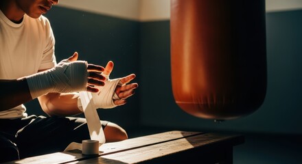 Young caucasian male boxer wrapping hands in gym with punching bag