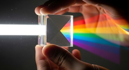 Prism's Rainbow: Light Dispersion Through Crystal, Handheld, Science Concept.