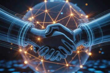Digital handshake technology partnership agreement innovation business connection abstract design