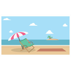 Pixel Art Beach Scene With Green Deck Chair Pink and White Umbrella and Small Island in the Ocean Under a Blue Sky with Clouds