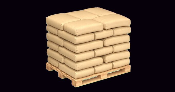 Cement bags with blank surface on wooden pallet - 3D animation seamlessly loopable isolated on transparent background