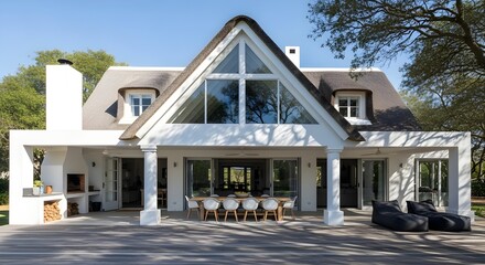 Luxurious modern architectural white villa with thatched roof and outdoor dining terrace.