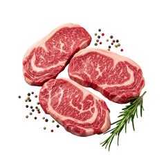 Fototapeta premium Three raw marbled beef steaks with peppercorns and rosemary on meat