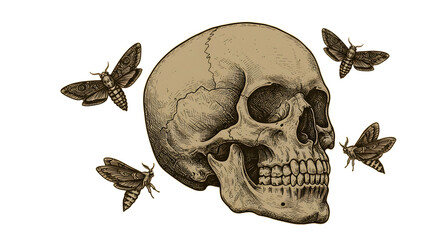 Skull with moths illustration