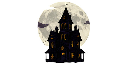 Spooky haunted house silhouette against moonlit night sky