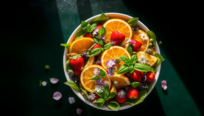 Vibrant fruit salad preparation kitchen food photography natural lighting top view healthy eating