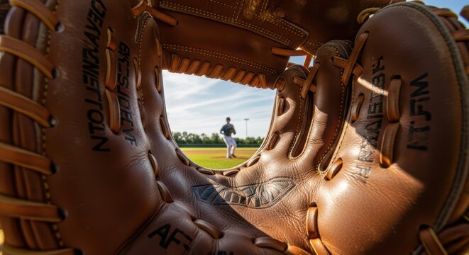 Glove's view of caucasian male baseball player preparing to pitch on field
