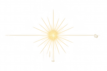 Golden light rays with lens flare effect on transparent background, glowing starburst for abstract design element