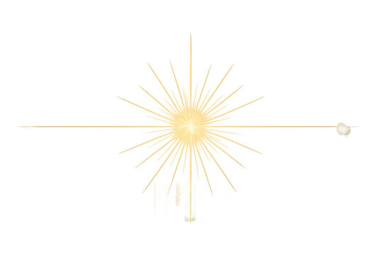 Golden light rays with lens flare effect on transparent background, glowing starburst for abstract design element