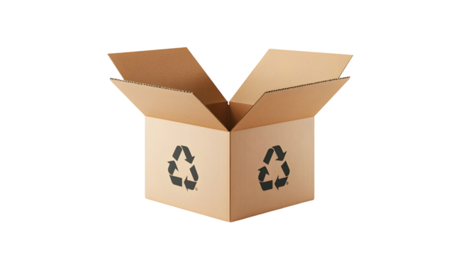 Open empty cardboard box with recycling symbol on black background