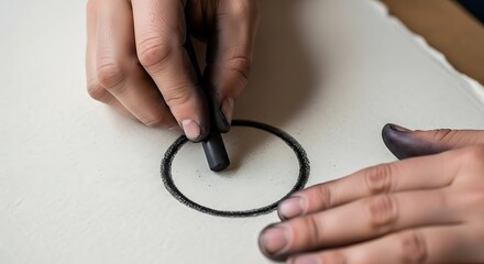 Charcoal Circle Creation: Artist's Hands Drawing on Paper, Close-Up View