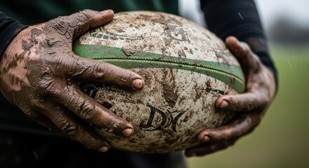 Muddy hands gripping rugby ball amidst rainy outdoor match