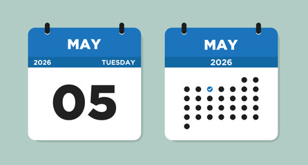 May 5 2026 (Tuesday) Calendar Vector Illustration. Day calendar page with date May 05. Week Starts on Sunday. Checklist day calendar. Modern Flat Calendar template icon.