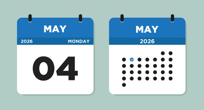 May 4 2026 (Monday) Calendar Vector Illustration. Day calendar page with date May 04. Week Starts on Sunday. Modern Flat Calendar template icon. Checklist day calendar.