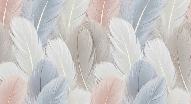 Gentle pastel feathers fill the frame in a soft, delicate pattern.