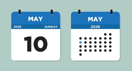 May 10 2026 (Sunday) Calendar Vector Illustration. Day calendar page with date May 10. Week Starts on Sunday. Modern Flat Calendar template icon. Checklist day calendar.