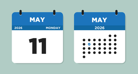 May 11 2026 (Monday) Calendar Vector Illustration. Day calendar page with date May 11. Week Starts on Sunday. Checklist day calendar. Modern Flat Calendar template icon.