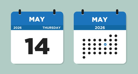 May 14 2026 (Thursday) Calendar Vector Illustration. Day calendar page with date May 14. Week Starts on Sunday. Modern Flat Calendar template icon. Checklist day calendar.