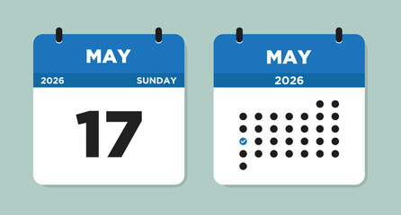 May 17 2026 (Sunday) Calendar Vector Illustration. Day calendar page with date May 17. Week Starts on Sunday. Checklist day calendar. Modern Flat Calendar template icon.