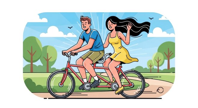 Couple enjoys cycling together on a sunny day in a park.