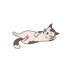Pixel Art Illustration of a Sleeping White and Brown Cat Relaxing on Its Back with Eyes Closed and Paws Up in a Peaceful Pose