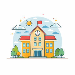 Fototapeta premium Vector illustration of a cheerful school building with trees and clouds under a bright sun