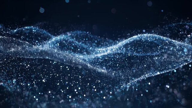 Abstract image of a swirling blue particulate flow, with bokeh effects against a dark background