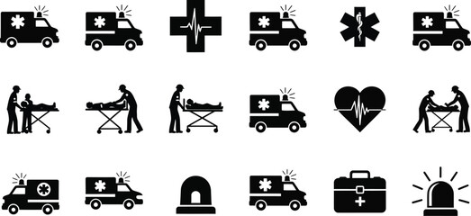 Emergency medical service icon set collection of ambulance, first aid, and healthcare symbols for urgent care situations
