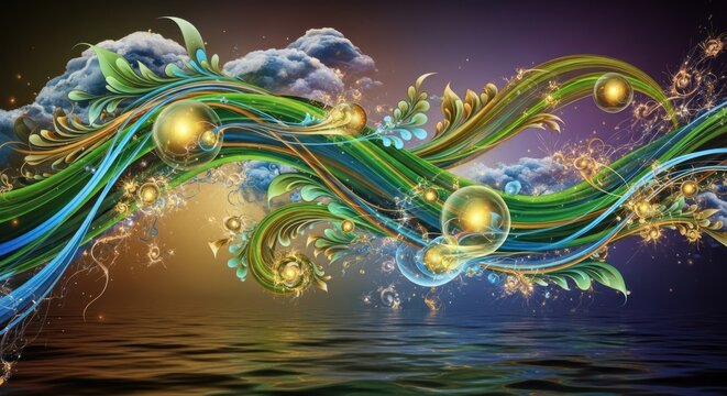 A vibrant, abstract digital artwork featuring green and blue swirls, gold spheres, and a cloudy sky with clouds.