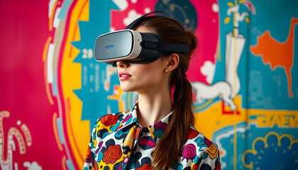 Virtual reality experience modern gallery digital art urban environment close-up view innovation