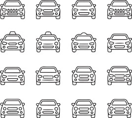 set of 16 front view car icons grid vector ai eps jpeg png variations of headlights grilles bumpers for transport ui