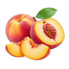 Whole and sliced ripe peaches with green leaf on background fruit food