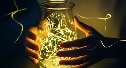 Glowing Jar of Fairy Lights Held in Gentle Hands, Dark Background