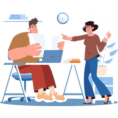 Two colleagues discussing paperwork at a desk with a laptop and a plant in a modern office setting with blue and brown tones