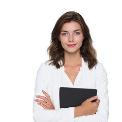 Young woman in white blazer holding a black tablet computer with arms crossed isolated on a transparent background