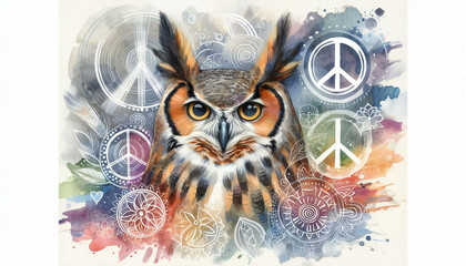 Artistic Owl Portrait with Color Splash and Peace Signs