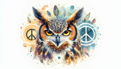 Watercolor Owl with Peace Symbols and Mandala Art