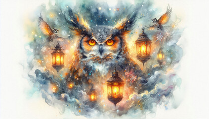 Celestial Owl Among Lanterns and Swirling Mist