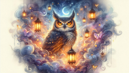 Mystical Owl Under the Crescent Moon
