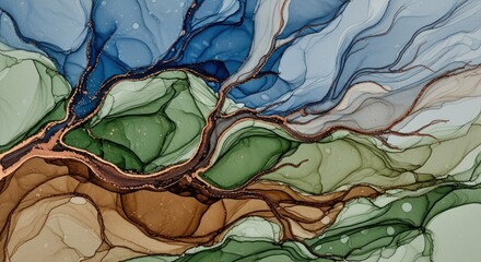 Abstract alcohol ink painting with blue, green, and brown colors on a white background.