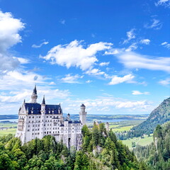 An unforgettable view of the towers and spires of Neuschwanstein Castle surrounded by the dense trees of the Bavarian forest against a backdrop of alpine meadows under a blue sky on the horizon.