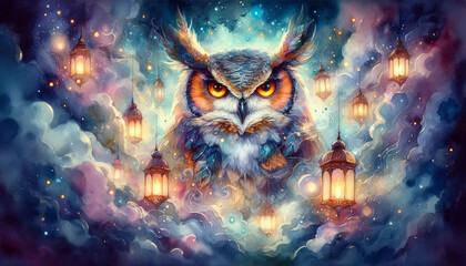 Wise Owl in a Fantasy Dreamscape Night