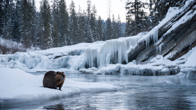 A beaver building a dam in a snowy river, surrounded by icicles and winter trees.