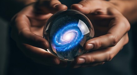 Hands Holding Galaxy: Cosmic Universe Contained Within Crystal Ball