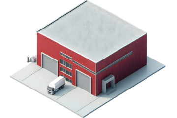 Modern industrial warehouse with red metal siding and loading bay