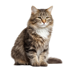 Obraz premium Fluffy long-haired tabby cat with white chest sitting attentively isolated on a transparent background
