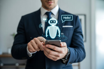 businessman with smartphone, holographic robot assistant, AI chatbot, virtual assistant, digital assistant, artificial intelligence, hologram technology, futuristic communication, smart technology