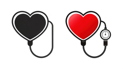 Heart with blood pressure gauge isolated on transparent background, health concept