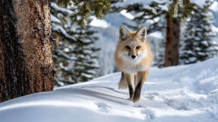 Fototapeta premium Mammals Fox Vulpes vulpes in winter scenery, Poland Europe, animal walking among winter snowy meadow. curious fox playi snow, with paw prints in the freshly fallen snow, surrounded pine trees